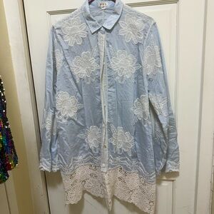 Blue and White Floral Lace Button-Up Shirt